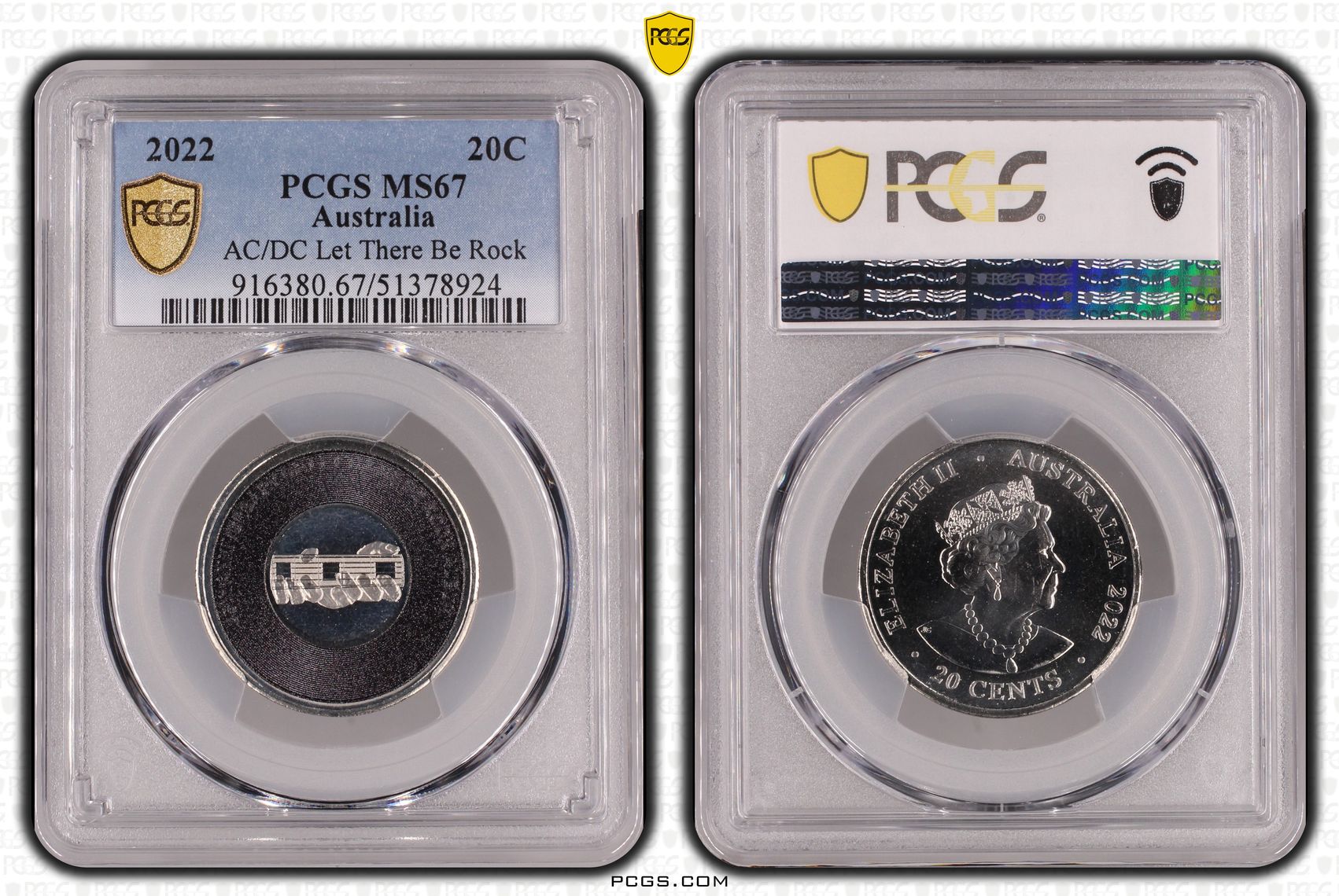 AC/DC Let There Be Rock, Twenty Cent, 2022, PCGS MS67