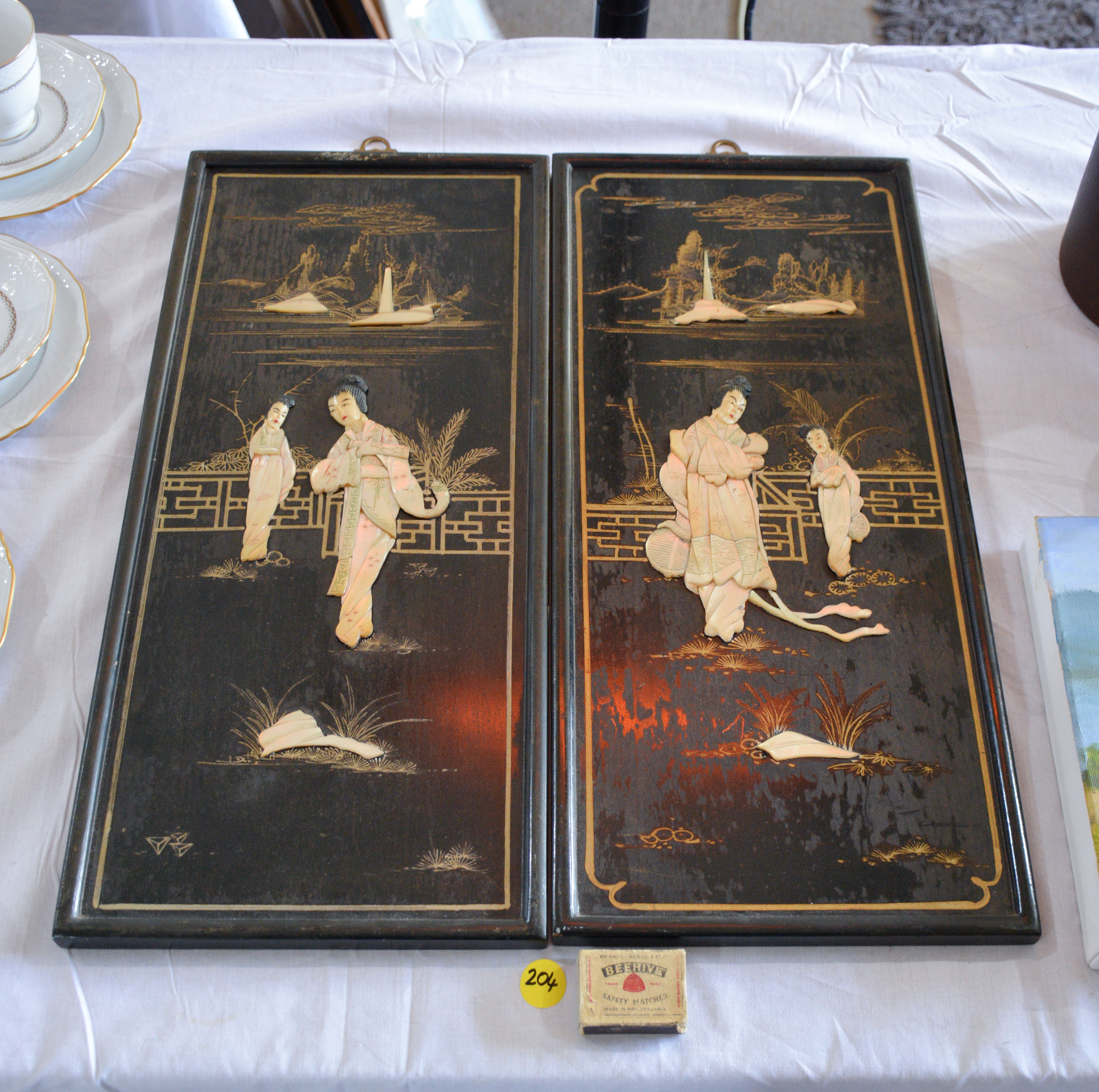 Vintage Asian MOP Wood Wall Hanging Art x 2 — NZ auction result