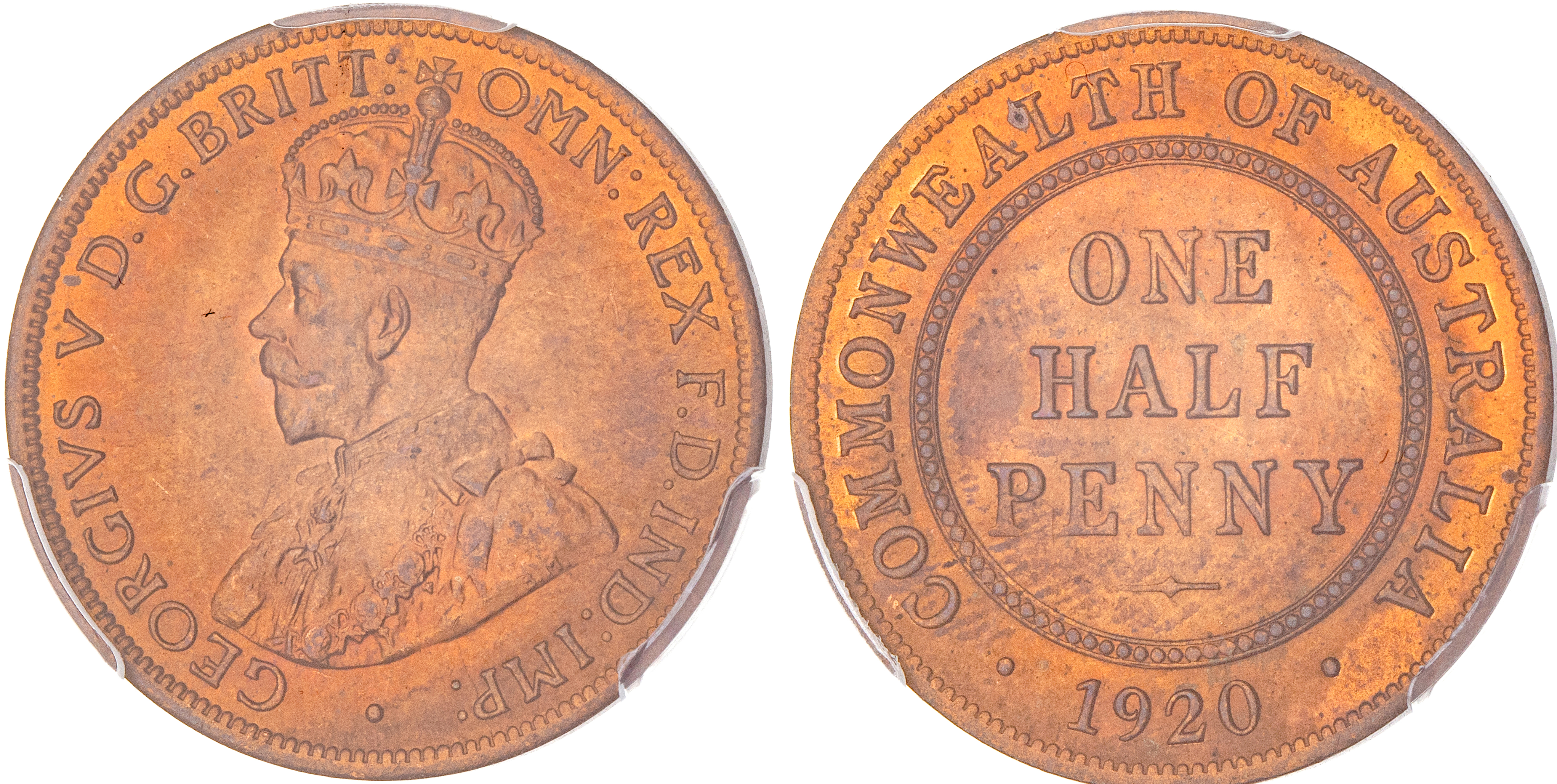 George V, Halfpenny, 1920, PCGS MS 65RB