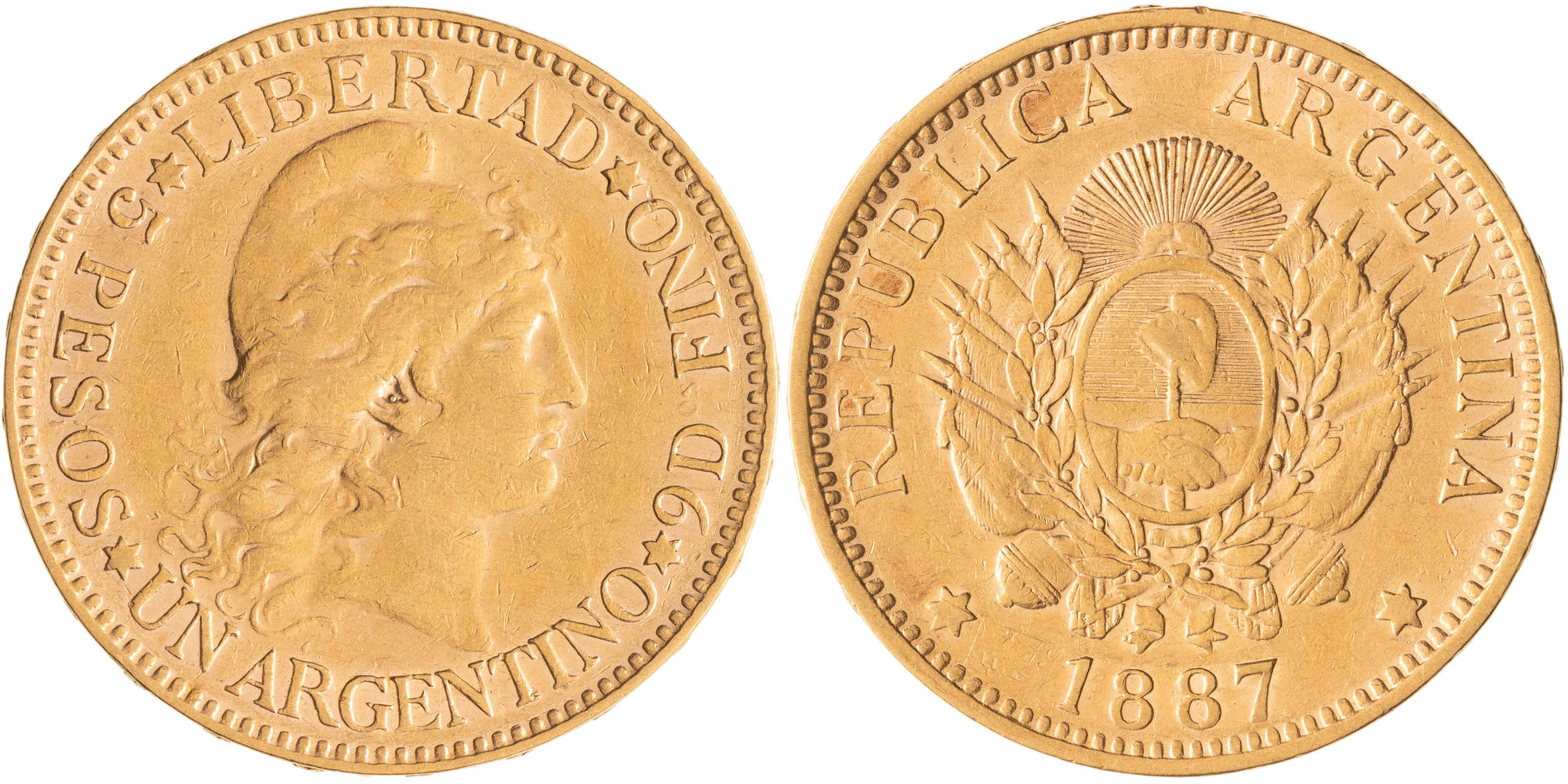 Argentina, Five Pesos, 1887, VF