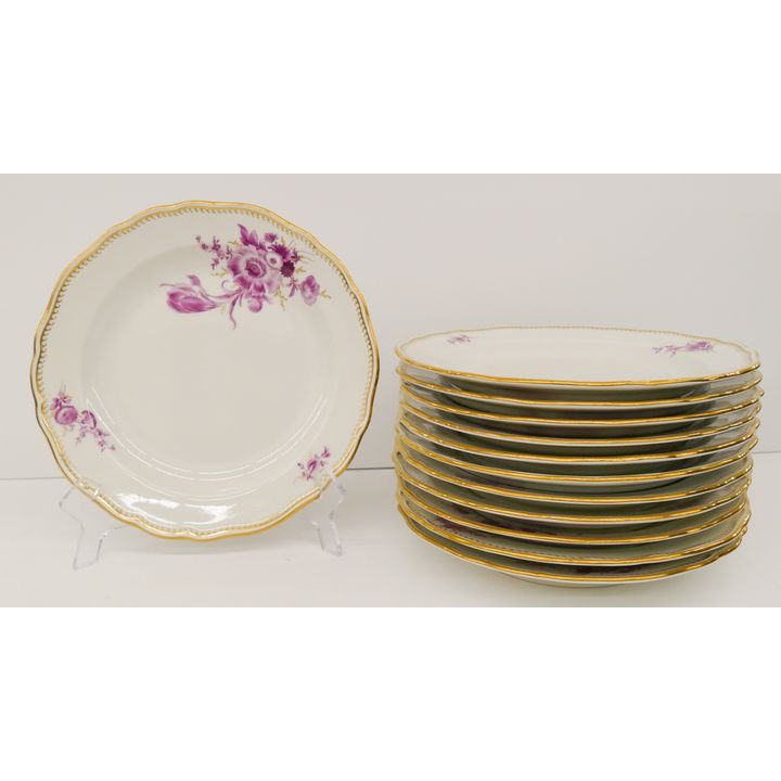 12pc Meissen Pink Flower Porcelain Luncheon Plates