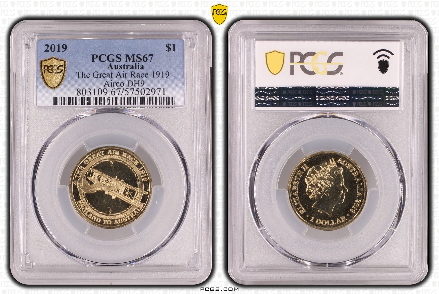 381 · The Great Air Race 1919 Airco DH9, One Dollar, 2019, PCGS MS67