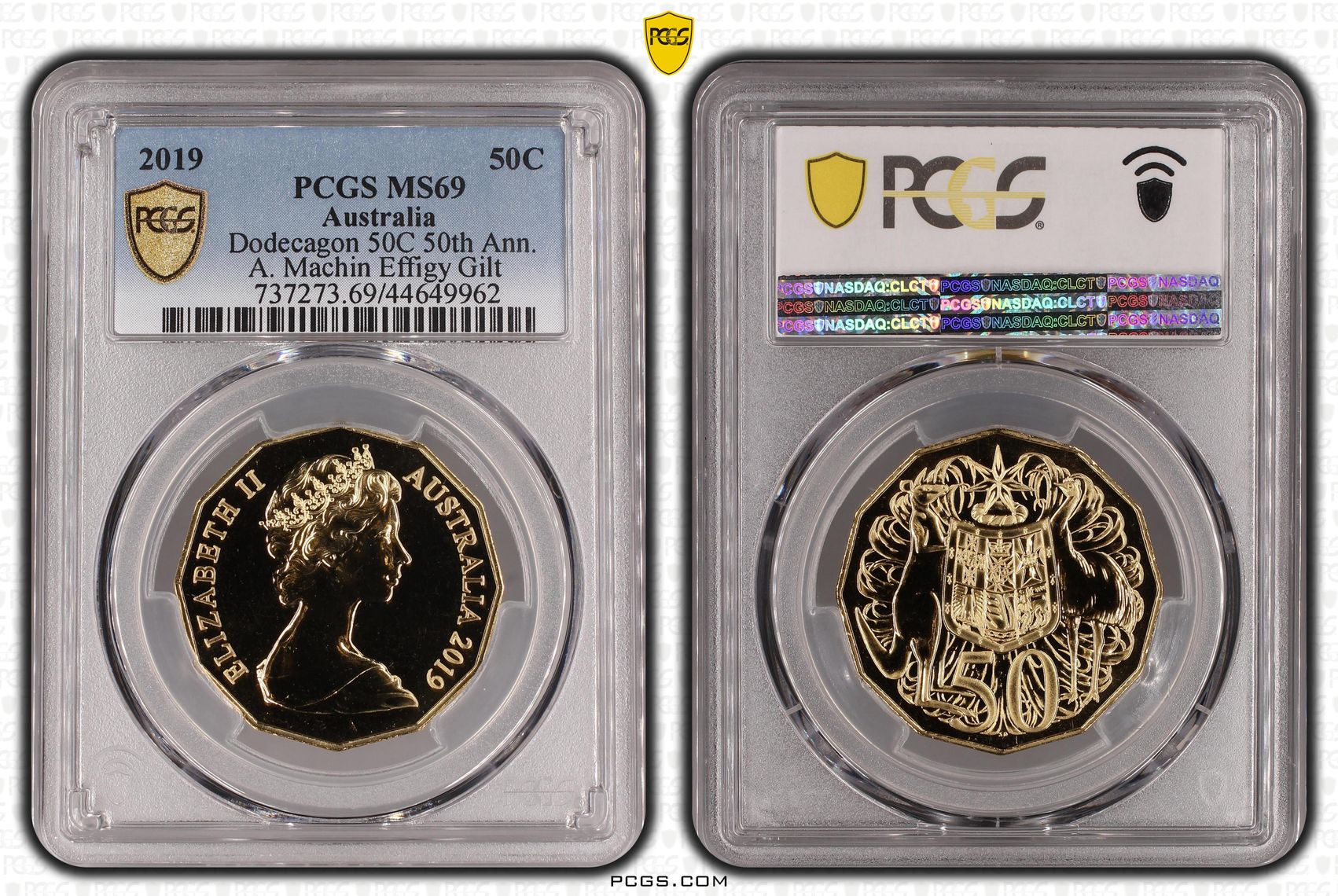 2019 Australia Fifty Cent, 50c Dodecagon 50C 50th Ann. A. Machin Effigy Gilt PCGS - MS69 -962