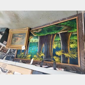 Vintage velvet framed tree art and antique sunset painting
