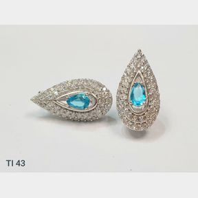 STERLING SILVER EARRINGS BLUE TEAR DROP CENTER WITH CUBICS - 50692/220