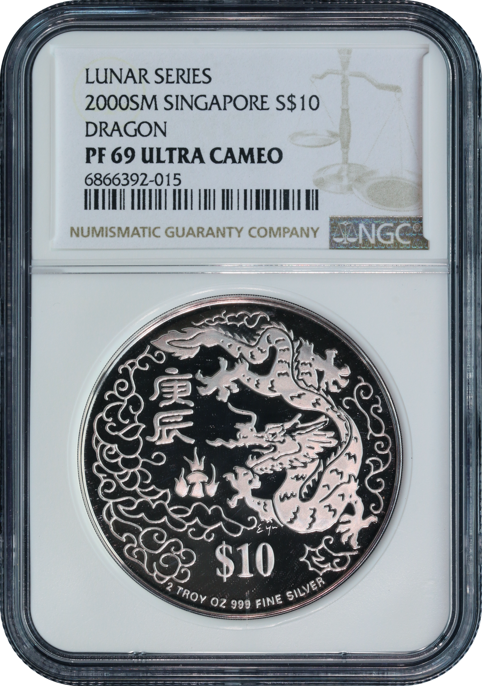 Singapore Lunar Series 2000 $10 Dragon Year NGC PF 69 Ultra Cameo