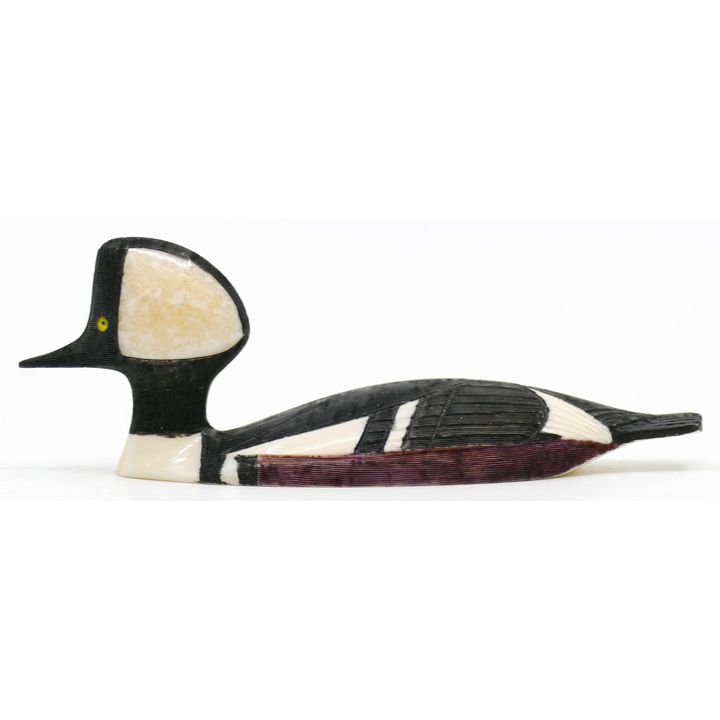 Al Mayac ''Hooded Merganser'' Inuit Scrimshawed Carving 4''