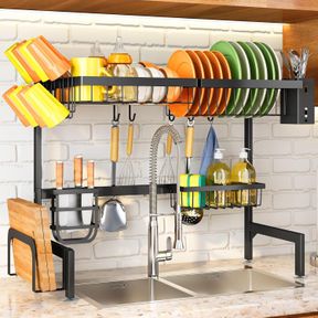 OVER THE SINK DISH DRYING RACK, ADJUSTABLE (26.8" TO 34.6") LARGE DISH DRYING RACK FOR KITCHEN COUNTER WITH MULTIPLE BASKETS UTENS