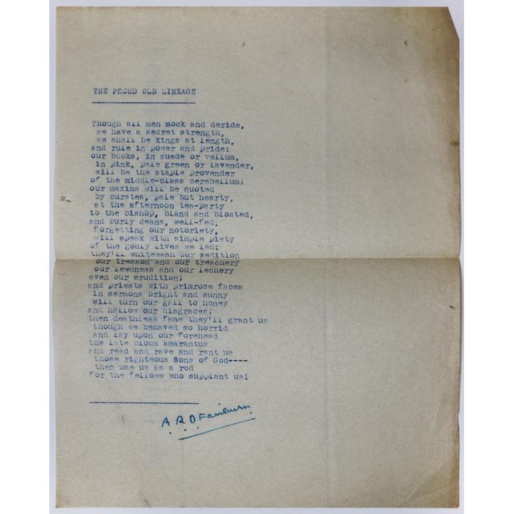 FAIRBURN, A.R.D - Manuscript Poem, 'The Proud Old Lineage'
