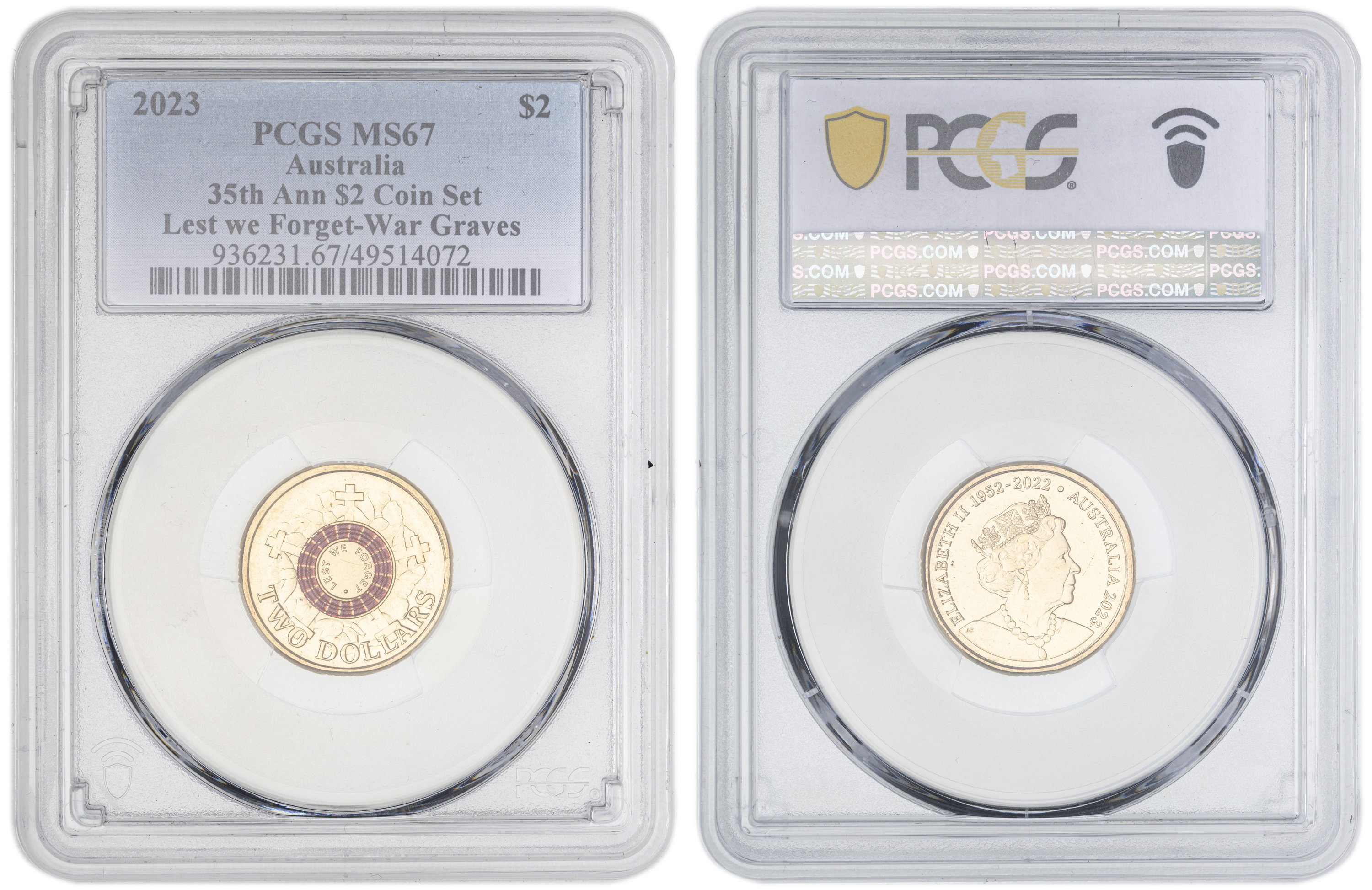 Elizabeth II, 35th Ann $2 Coin Set Colorized Lest we Forget-War Graves , Two Dollar, 2023, PCGS MS67
