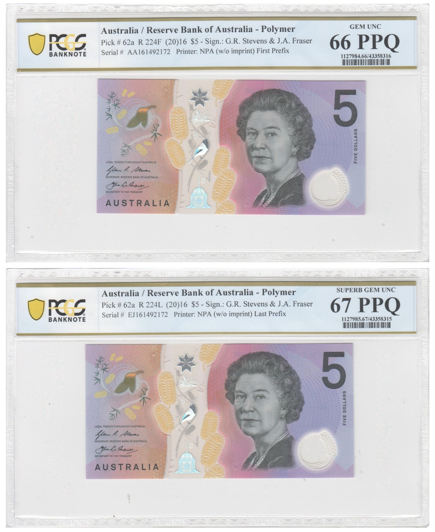 2016 $5 Stevens/Fraser Gem Unc 66 PPQ Matching Serial Number First & Last Prefix Pair