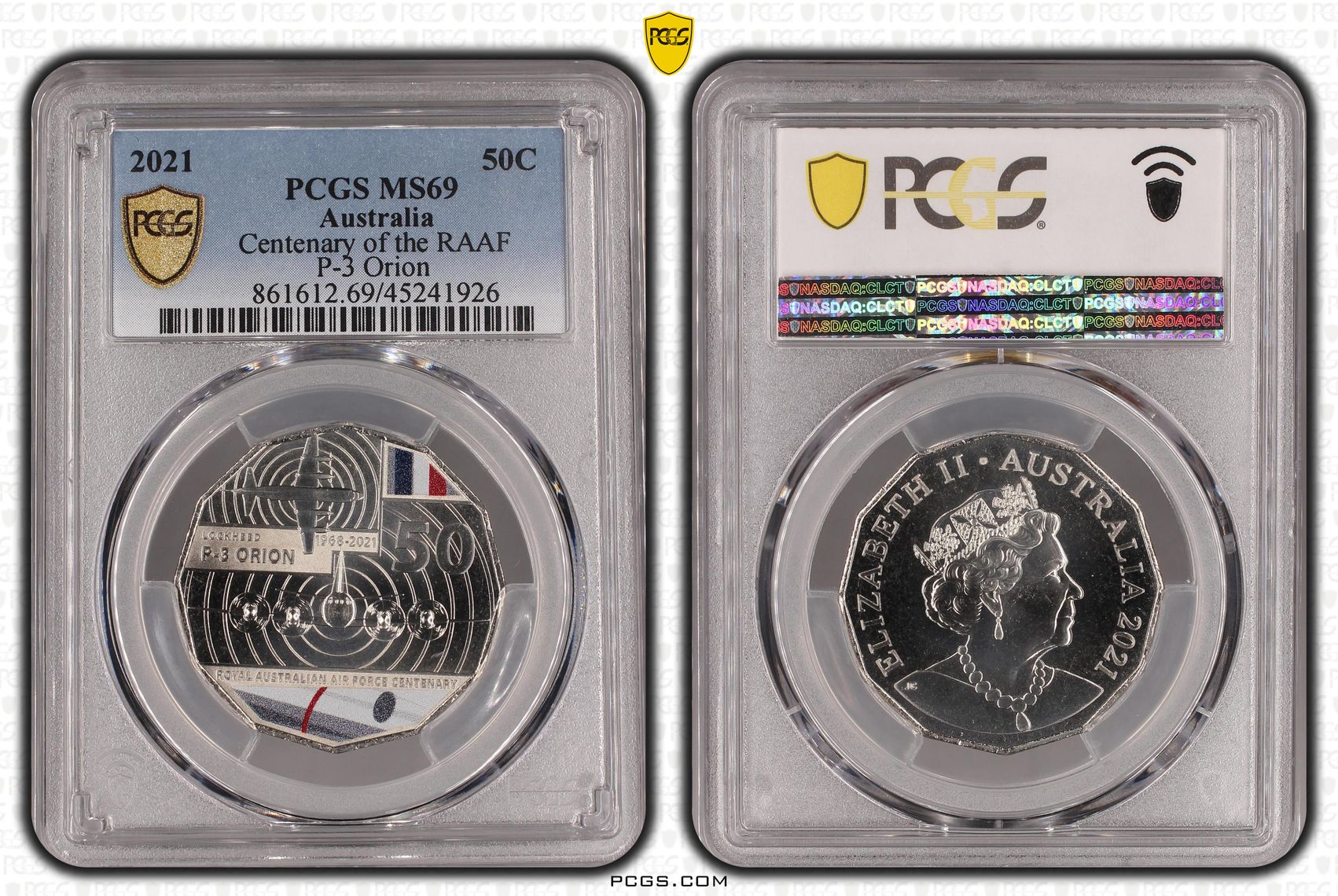 2021 Australia Fifty Cent, 50c Centenary of the RAAF P-3 Orion PCGS - MS69 POP 5/0 -926