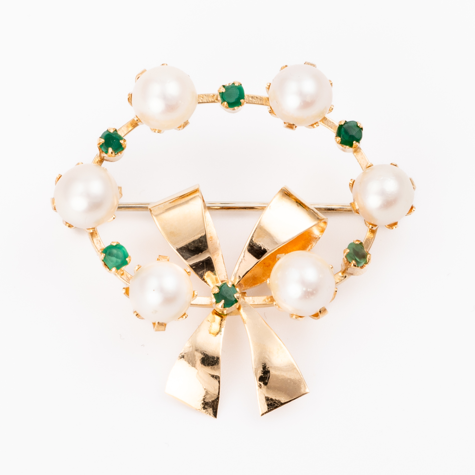Pearl & Emerald Bow Brooch 18ct Gold