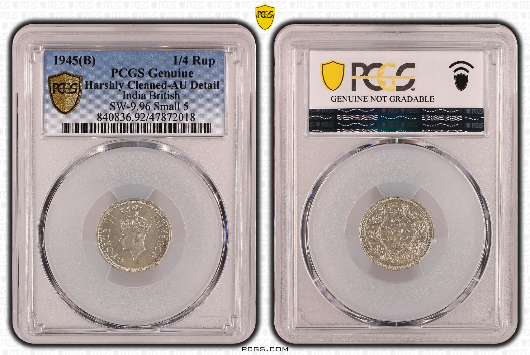 India British, SW-9.96 Small 5, Quarter Rupee, 1945(B), PCGS Genuine - AU Details (92 - Cleaned)