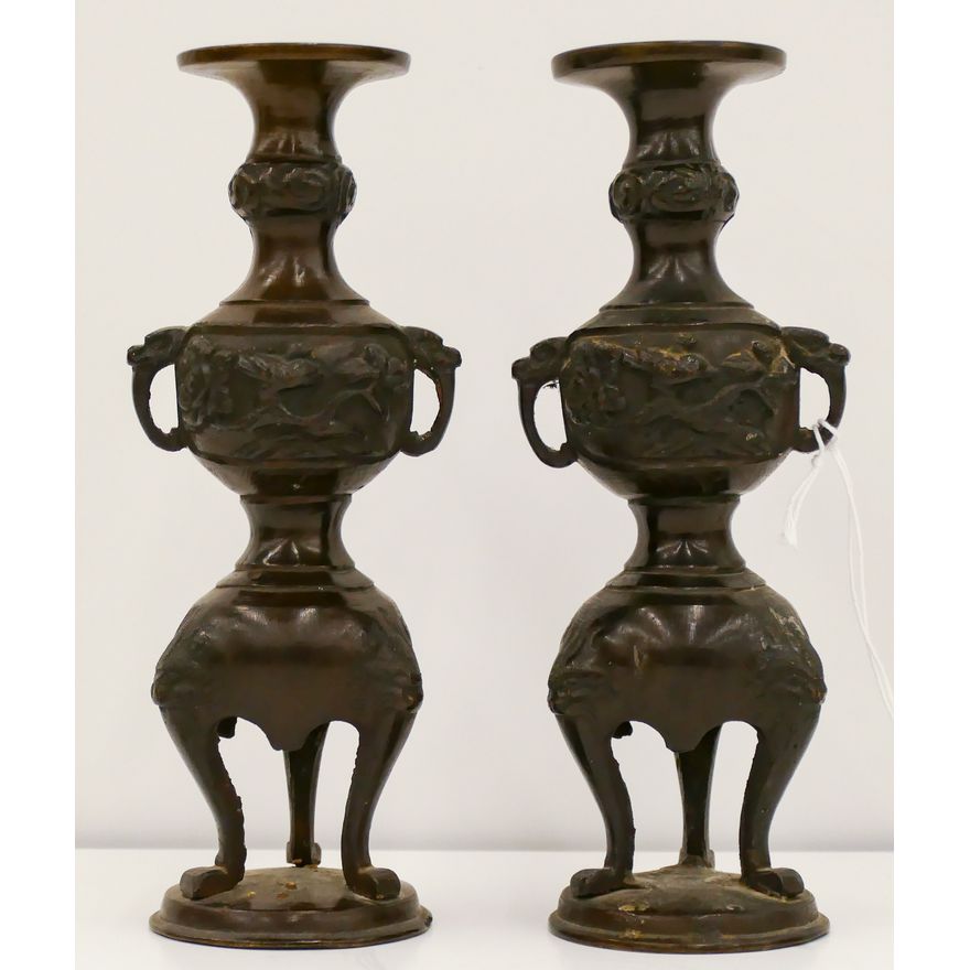 Pair Meiji Japanese Bronze Candlesticks 7''