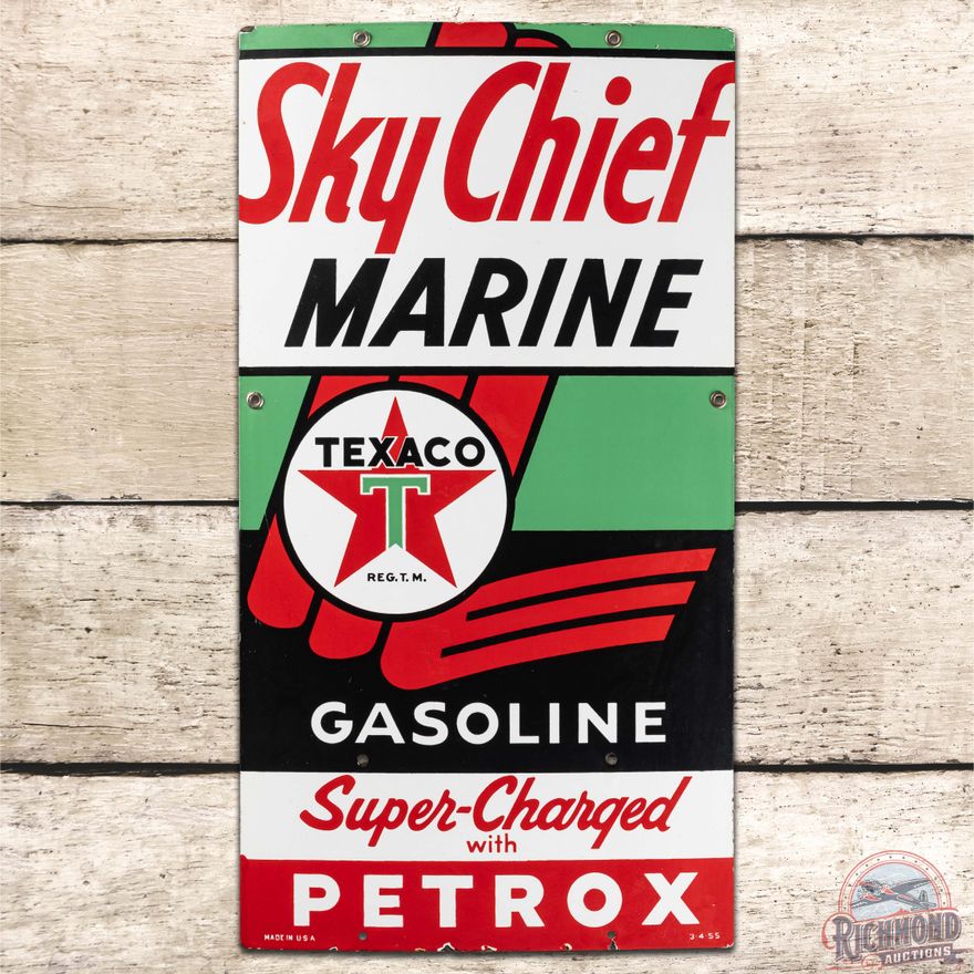 1955 Texaco Sky Chief Marine Gasoline w/ Petrox SS Porcelain Pump Plate Sign "Large"
