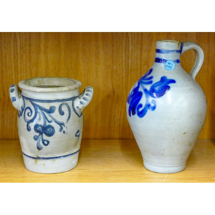 2pc Blue Salt Glazed Stoneware Jug & Vase - Largest 10''