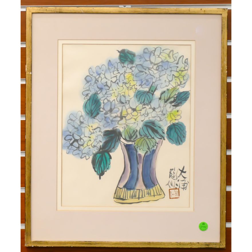 Xian Tao Chinese Modernist Vase of Flowers Watercolor Framed 20''x17''