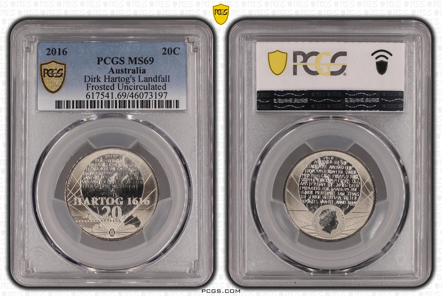 2016 Australia Twenty Cent, 20c 400th Ann Dirk Hartog's Landfall Frosted Uncirculated PCGS - MS69 -197