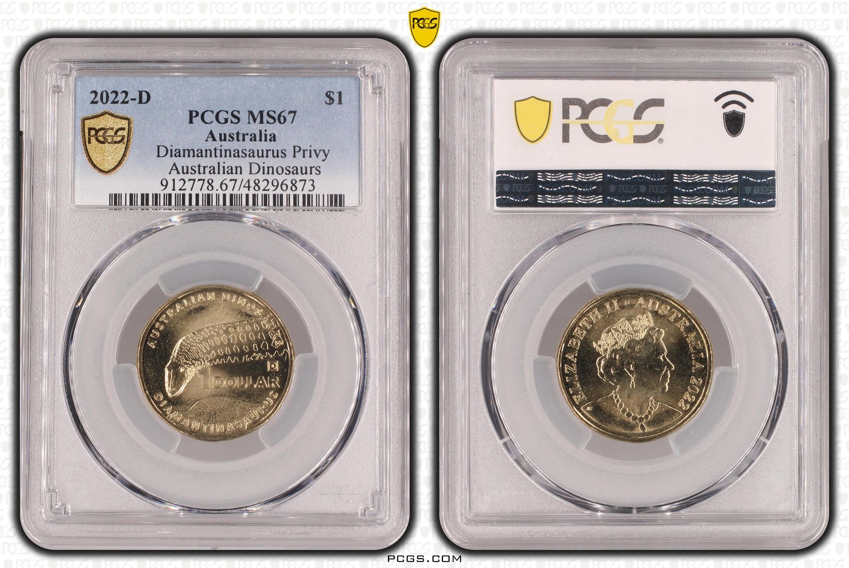 Elizabeth II, Diamantinasaurus Privy Australian Dinosaurs, POP 2/0, One Dollar, 2022-D, PCGS MS67