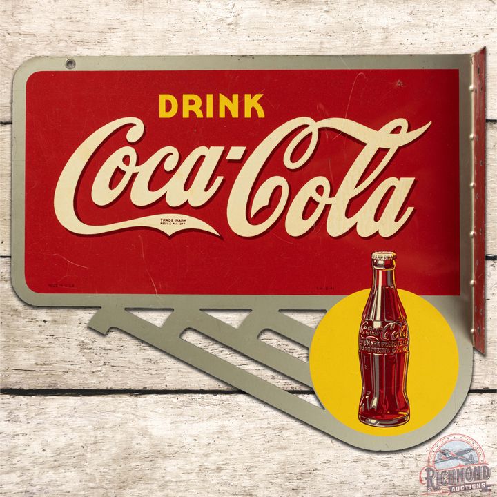 Drink Coca Cola DS Tin Flange Sign w/ Bottle & Sun Logo