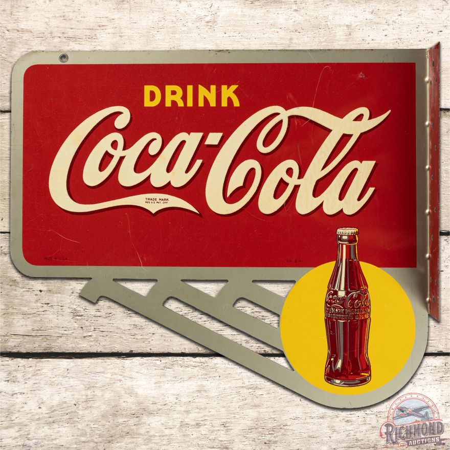 Drink Coca Cola DS Tin Flange Sign w/ Bottle & Sun Logo