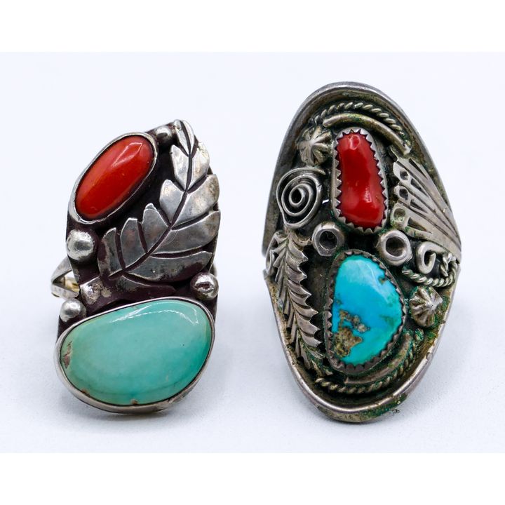 2pc Vintage Navajo Sterling Turquoise & Coral Large Rings