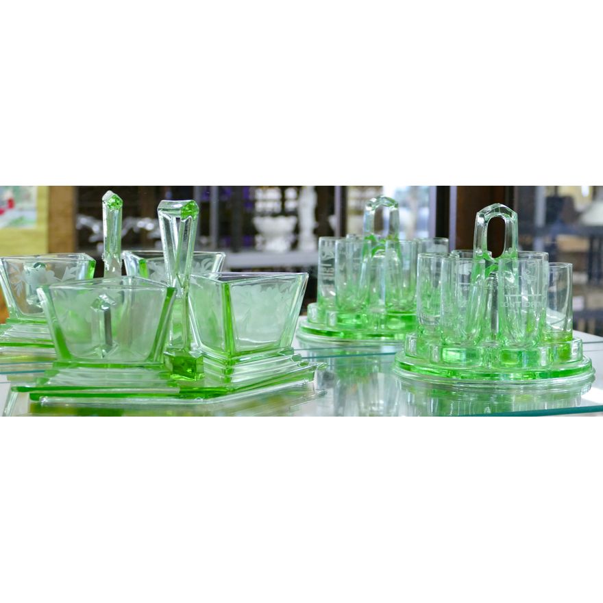 2pc Vintage Green Depression Glass Caddies - Largest 9''