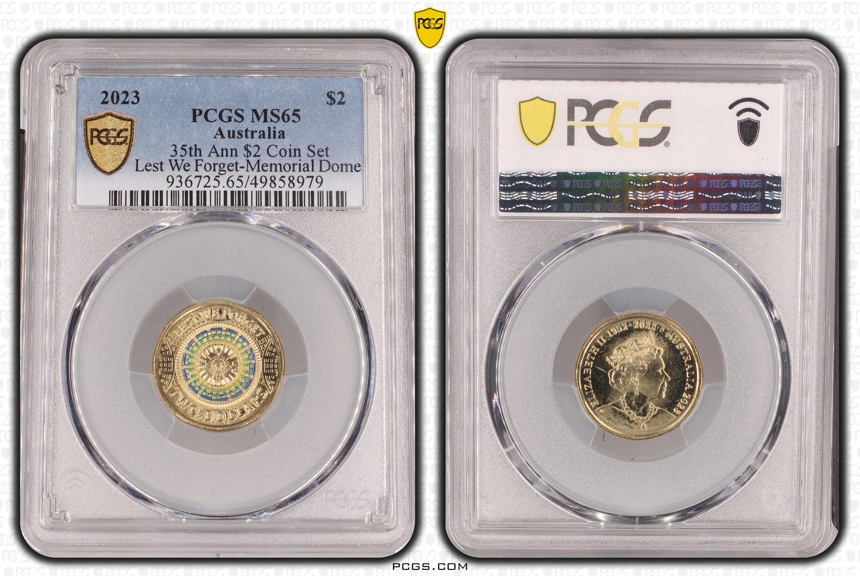 Elizabeth II, 35th Ann $2 Coin Set Colorized Lest we Forget-Memorial Dome , Two Dollar, 2023, PCGS MS65