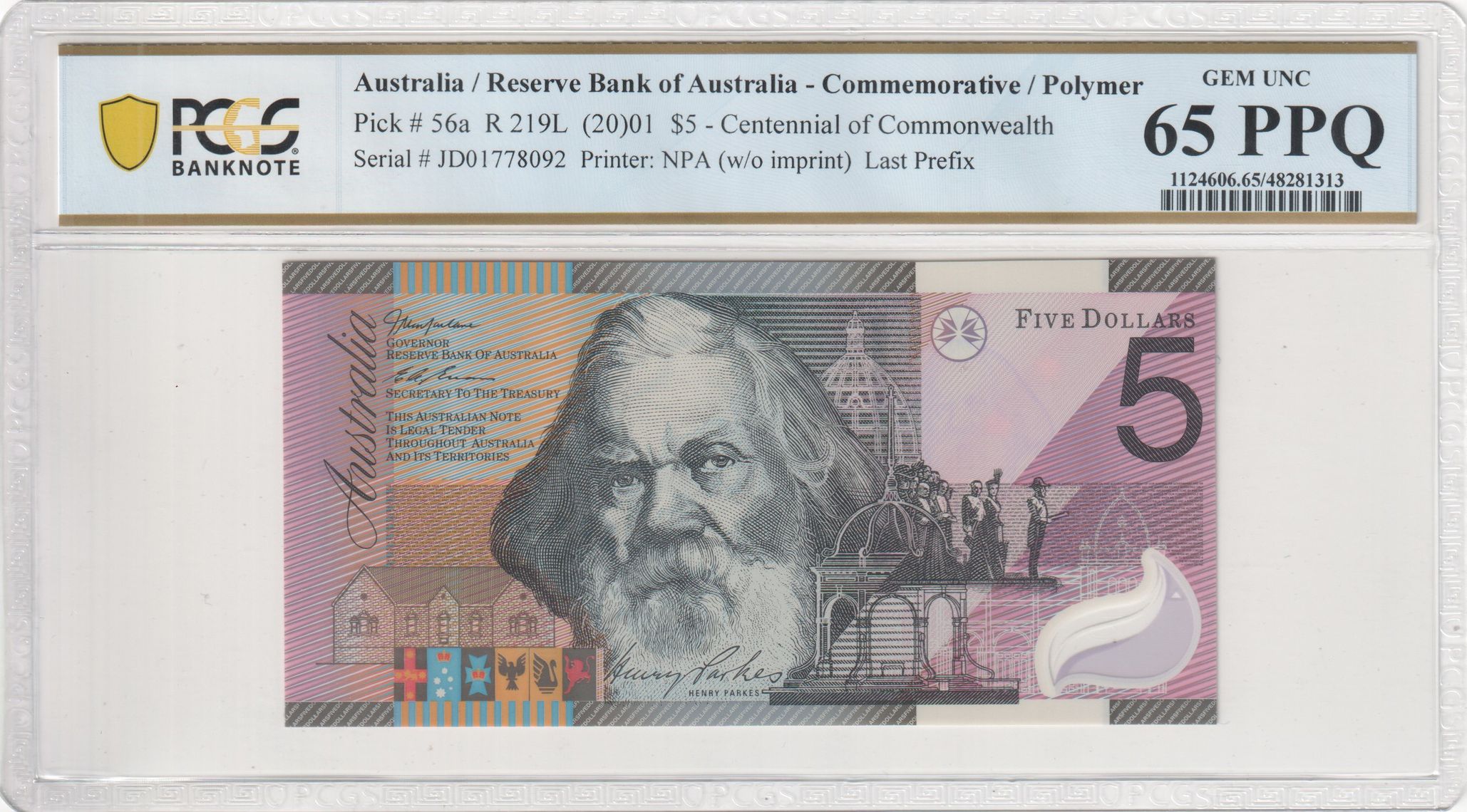 425 · Macfarlane/Evans, Centennial of Commonwealth, Last Prefix, Five Dollar, 2001, PCGS Gem UNC 65 PPQ