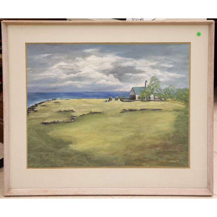 Vintage B. Rice ''Hawaiian Homestead'' 1961 Oi on Paper Framed 31''x37''