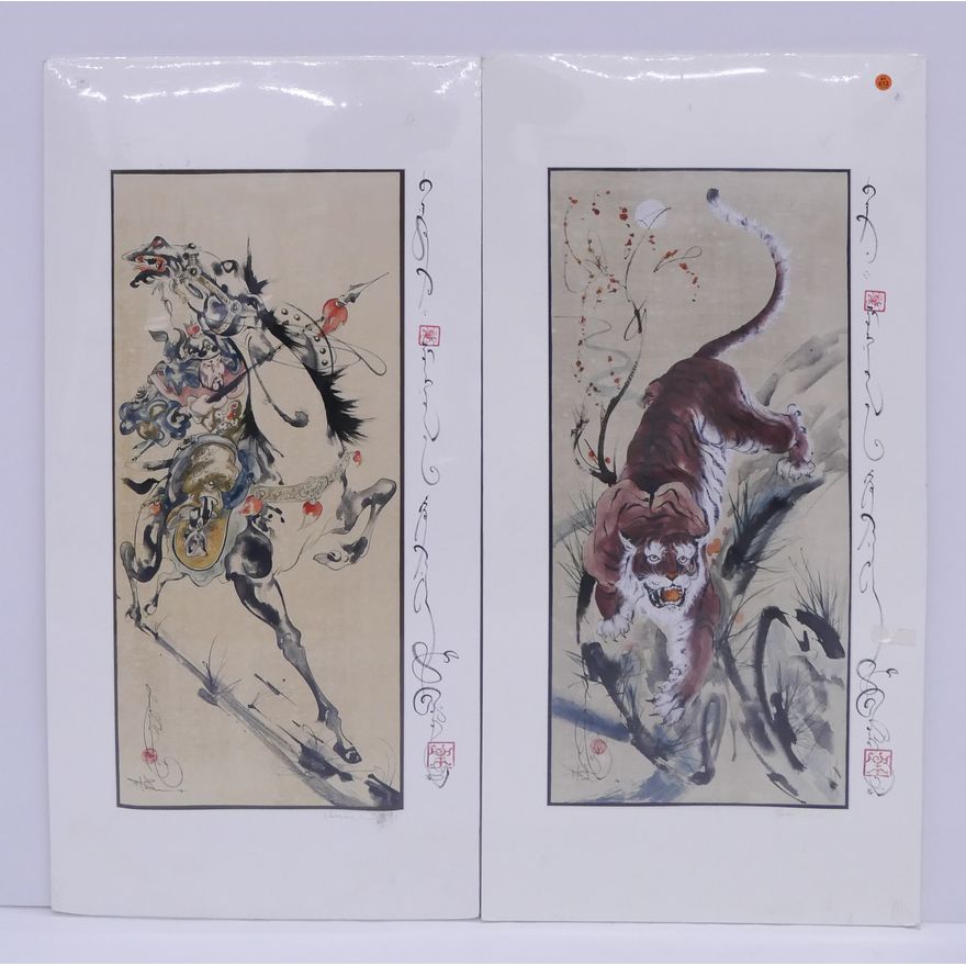 2pc Damba Tsolmon Tiger & Warrior Scroll Paintings- 40x20'' each