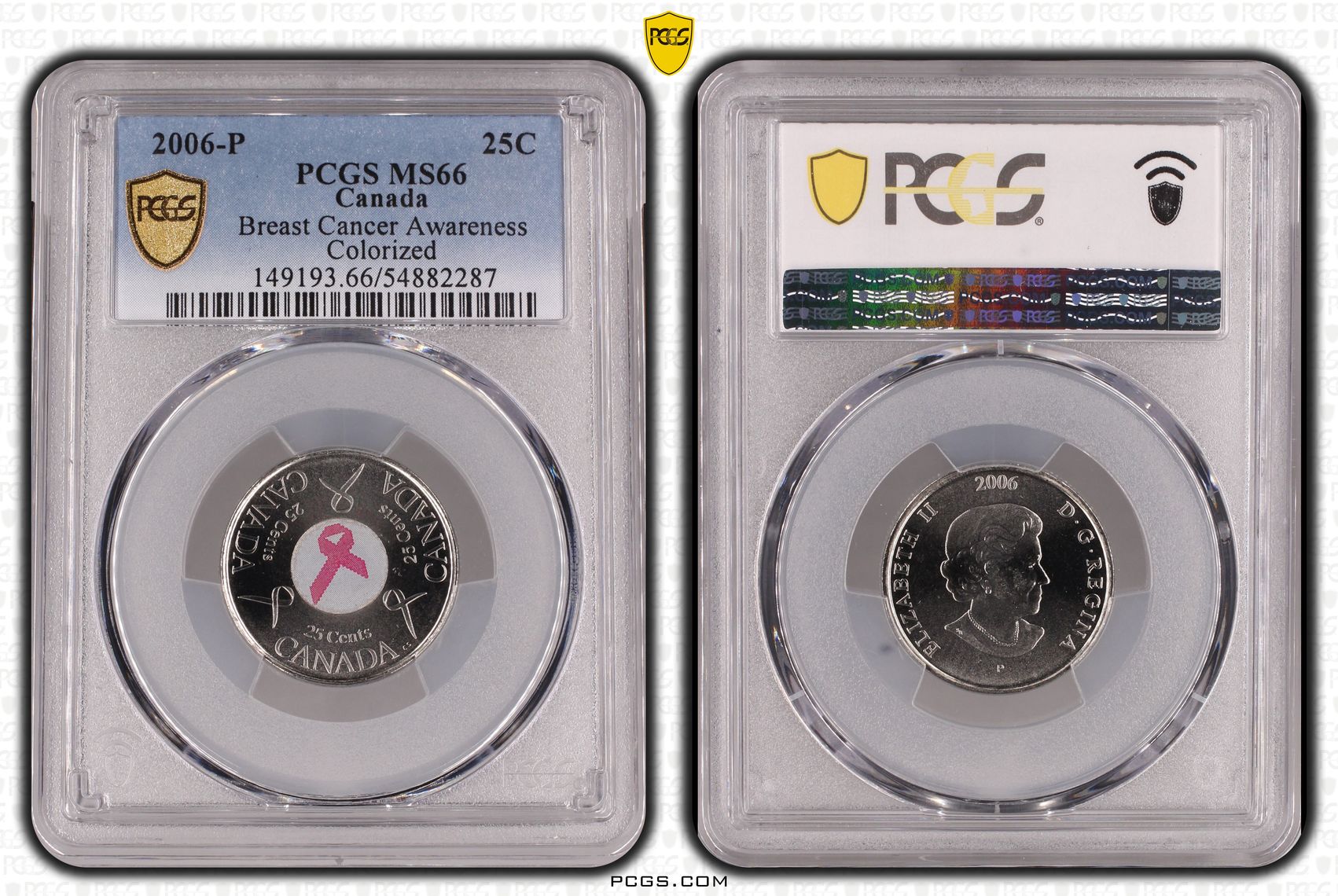 Canada, Breast Cancer Awareness Colorized, Twenty Five Cent, 2006-P, PCGS MS66