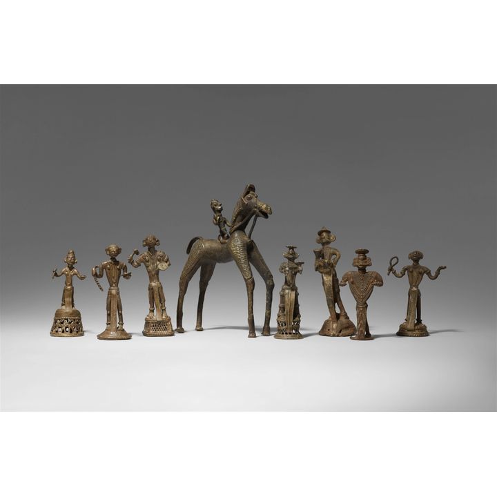 Seven copper alloy figures of village deities and a horse rider. Central India. Mahatashtra, Sironcha district. Early 20th century