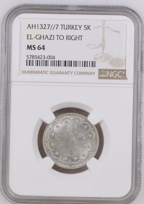 Turkey Mehmed V Reşâd (1909-1918) 1327 Silver 5 Kuruş NGC MS 64