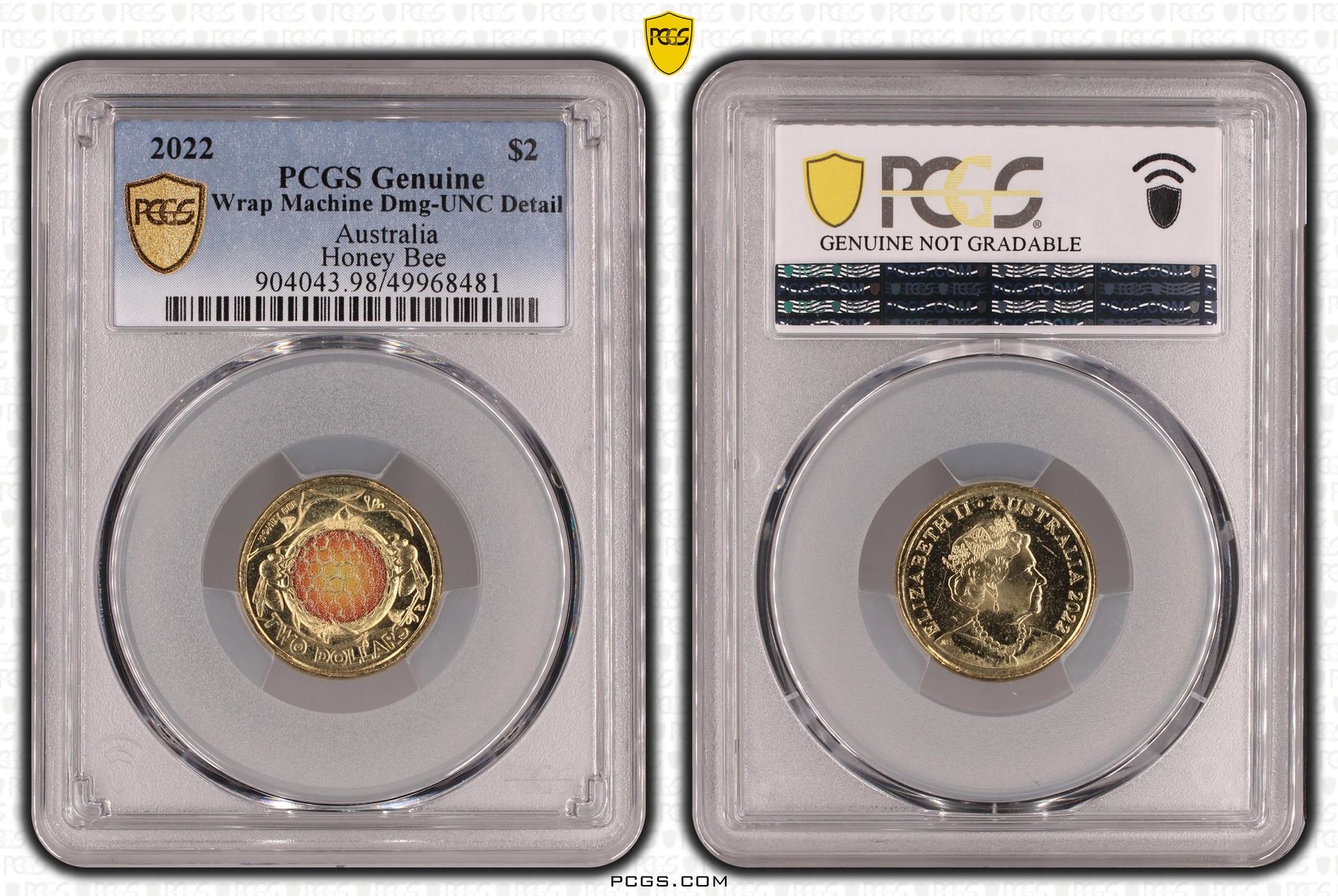 Honey Bee Colourised, Two Dollar, 2022, PCGS Genuine - UNC Details (98 - Damage)