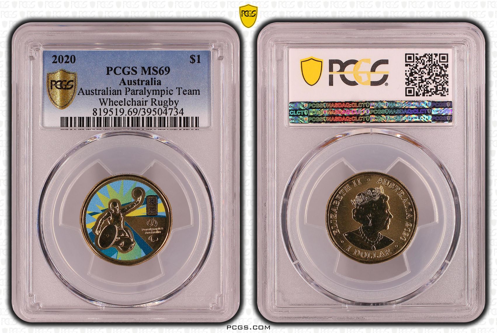 477 · Australian Paralympic Team - Wheelchair Rugby Colorized, POP 19/0, One Dollar, 2020, PCGS MS69