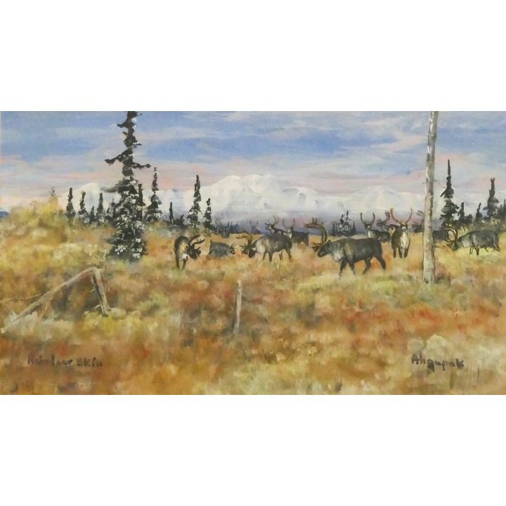 George Ahgupuk Caribou Painting on Reindeer Skin Framed 14''x18''