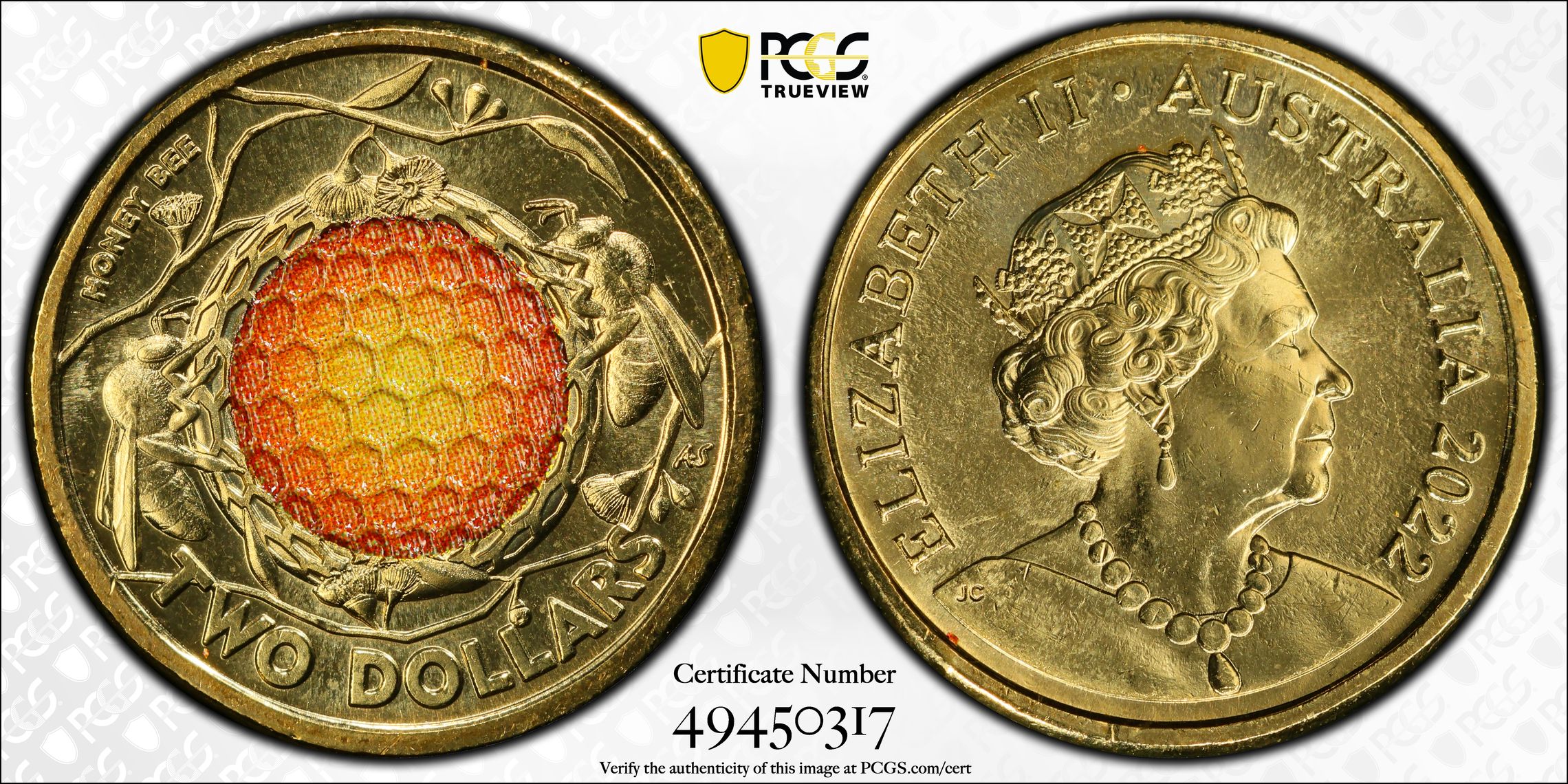 Honey Bee Colourised, Two Dollar, 2022, PCGS MS65