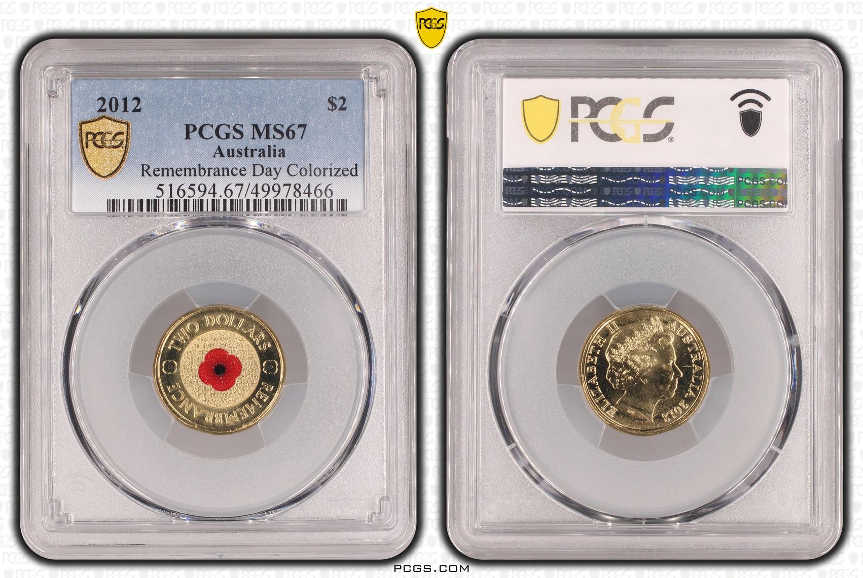 371 · Remembrance Day Colourised Red Poppy, Two Dollar, 2012, PCGS MS67