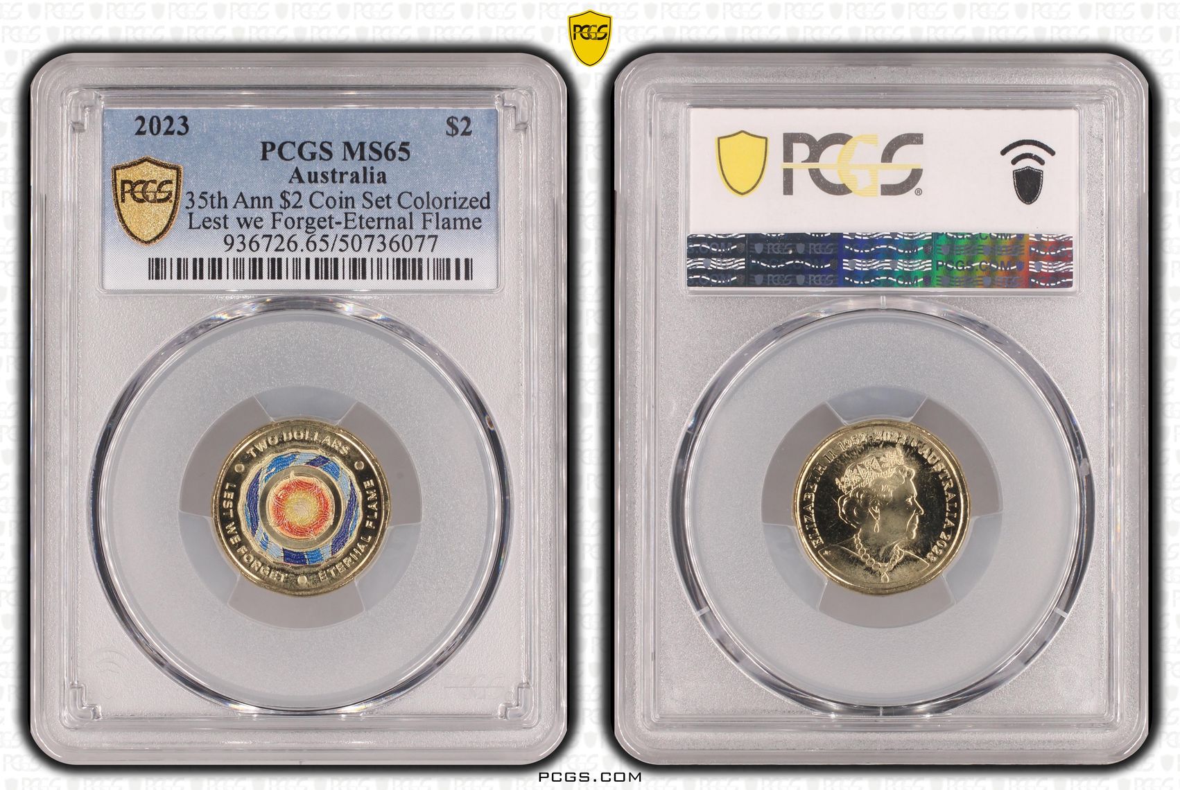 35th Ann $2 Coin Set Colorized Lest we Forget-Eternal Flame , Two Dollar, 2023, PCGS MS65