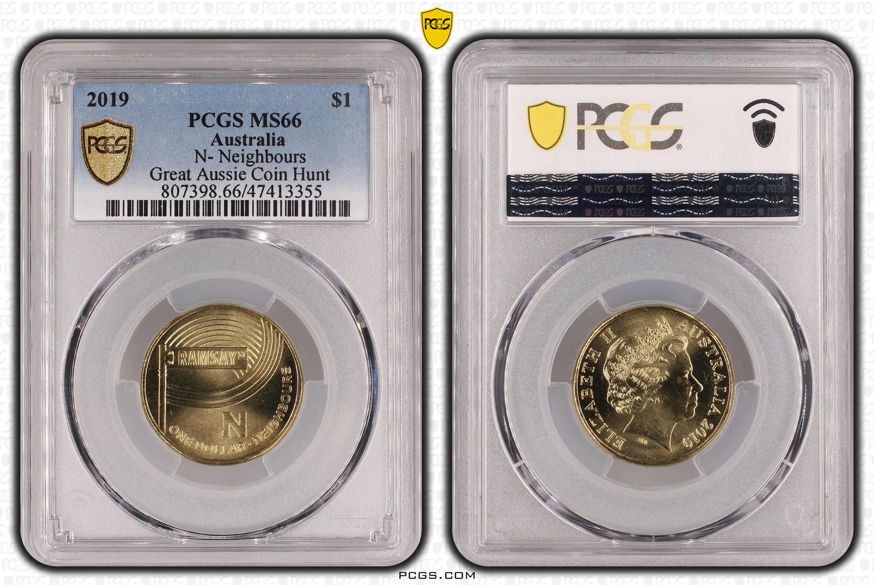 Elizabeth II, N- Neighbours Great Aussie Coin Hunt, One Dollar, 2019, PCGS MS 66