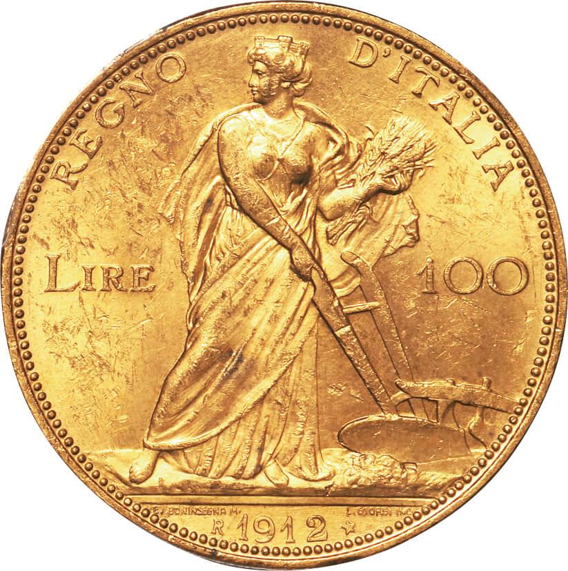 イタリア-Italy. 1912. PCGS MS63. 極美/未. AU. Gold. 100リレ(Lire