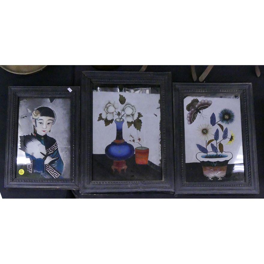 3pc Old Chinese Reverse Painted Hanging Panels- largest 17x13''