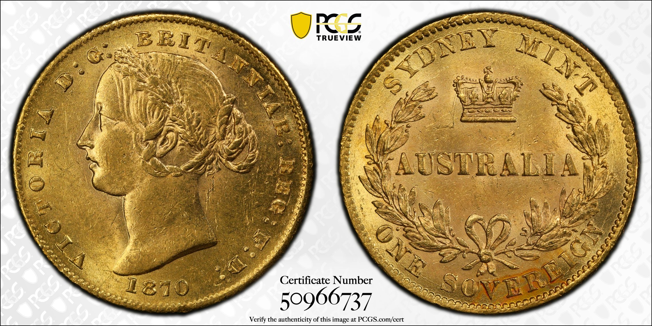 Victoria, Sydney Mint Reverse - Type II, Sovereign, 1870, PCGS MS62
