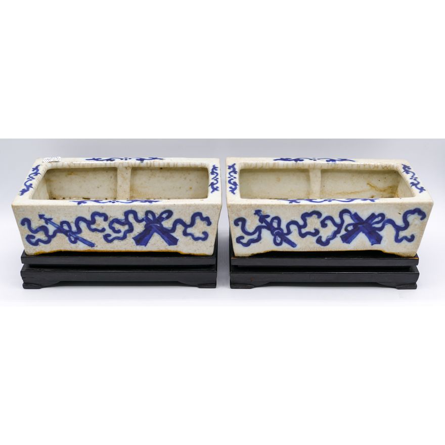 Pair Chinese Blue Crackle Glaze Bulb Planters on Stands 8''