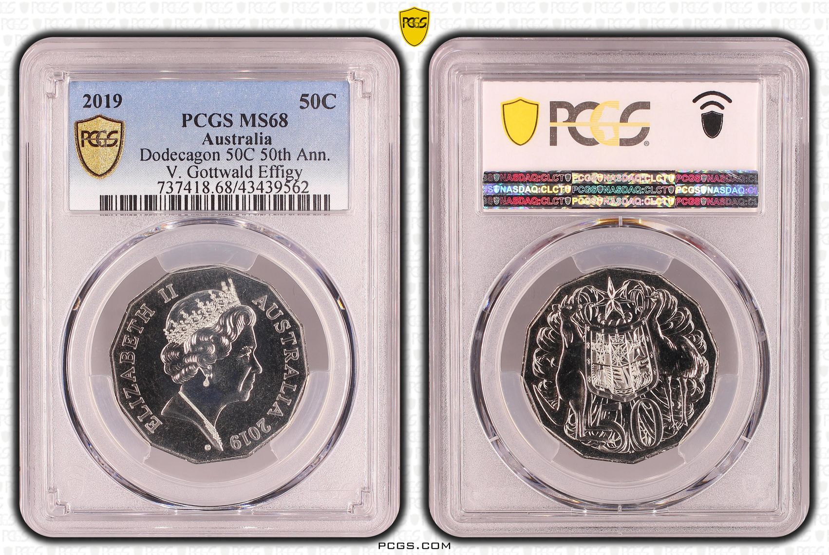 Elizabeth II, Dodecagon 50th Anniversary V. Gottwald Effigy, Fifty Cent, MS68 , 2019