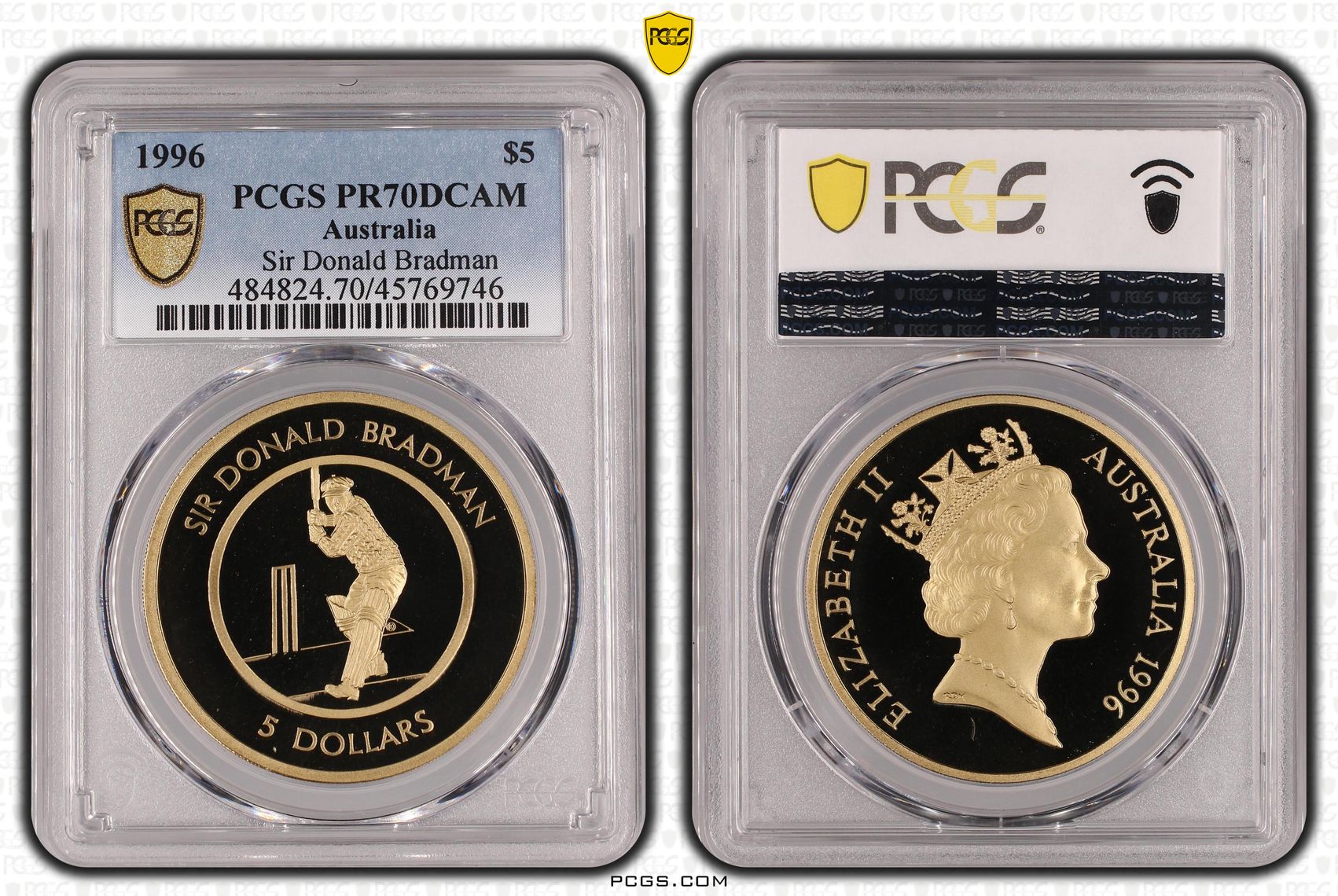 Elizabeth II, Sir Donald Bradman, POP 5/0, Five Dollar, 1996, PCGS PR70DCAM