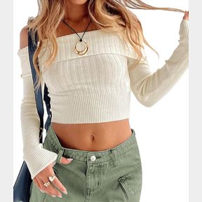 WOMEN Y2K OFF SHOULDER LONG SLEEVE CROP TOP SEXY KNIT SLIM FIT T SHIRT RUCHED TIGHT TEE TOP STREETWEAR (EE WHITE, SMALL)