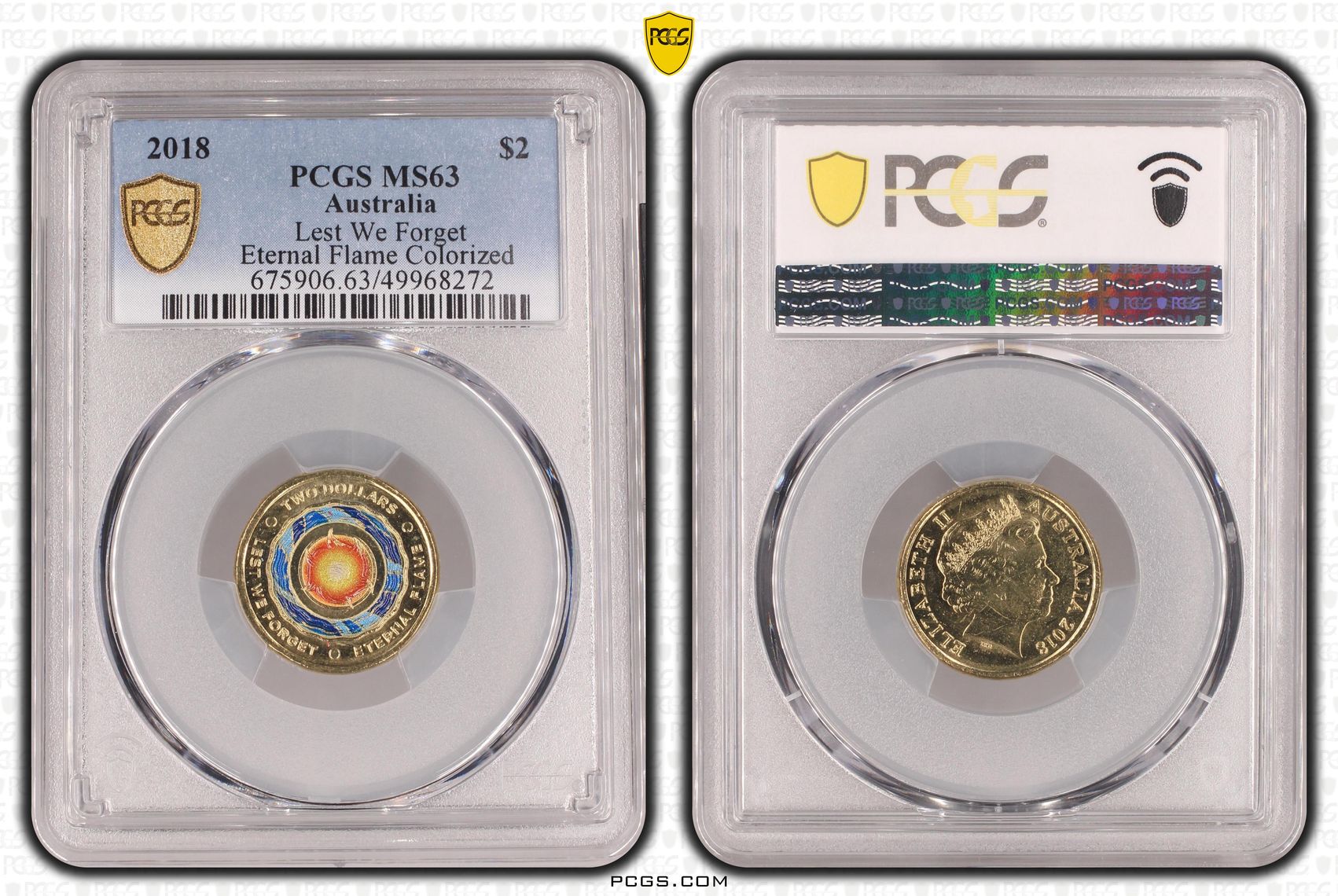 493 · Lest We Forget Eternal Flame Colourised, Two Dollar, 2018, PCGS MS63